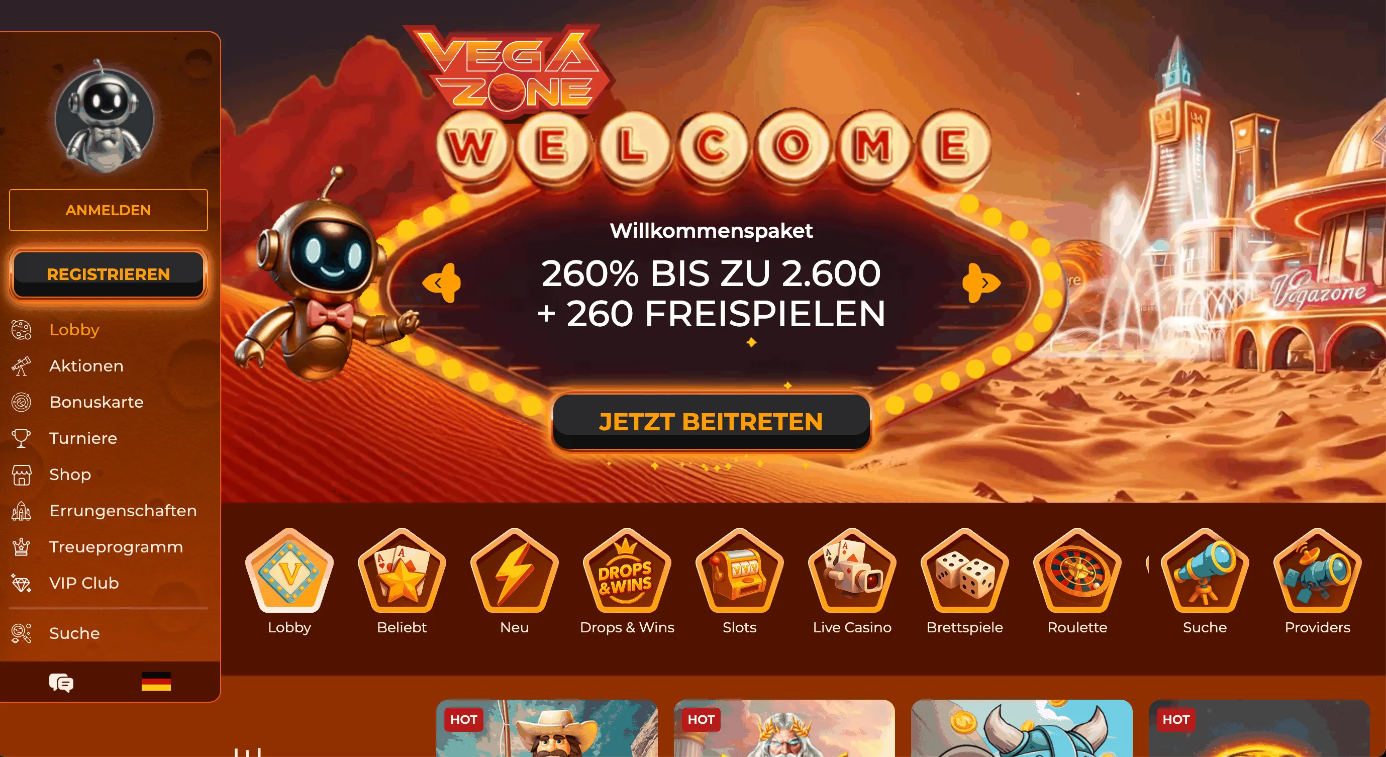 VegaZone Casino Homepage